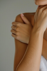 Young woman having sensual touching of her body skin.