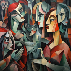 Vivid cubist painting depicting a group in a dynamic, abstract conversation - obrazy, fototapety, plakaty