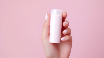 Female hand holds jar of cream on pastel pink background. Body and hand care concept. Blank mockup of cosmetic products, with space for text. AI Generative, banner
