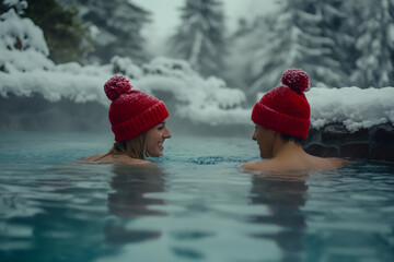 Beautiful couple man and woman in red hats swim in thermal spring bathes in water with steam, in winter. Snowy forest around. AI Generative - obrazy, fototapety, plakaty
