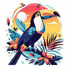 Fototapeta premium Tropical vector illustration with toucan and hibiscus flowers.