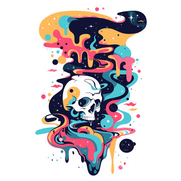 Grunge skull and colorful paint splashes. Vector illustration.