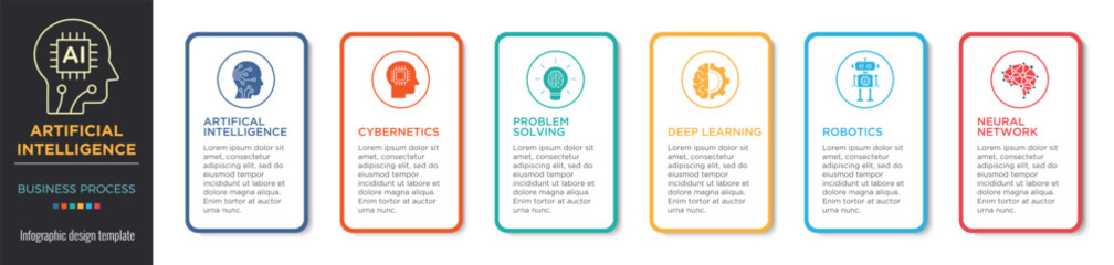 AI business process infographic colours concept with solid cons. Artificial intelligence, cybernetic, problem solving, deep learning, robotics and neural network. Vector illustration