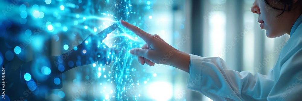 Poster scientist in white lab coat interacting with digital screen with blue dots, conducting research and 