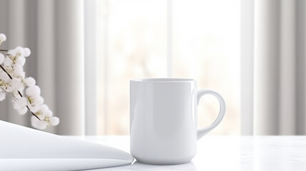 Fototapeta na wymiar Mug blanc ou tasse de thé, café. Mock-up. Éléments décoratifs. Fond pour conception et création graphique. 
