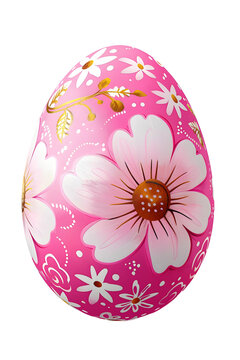 Pink Easter egg with flowers isolated. Handmade painted decoration. Transparent PNG image.