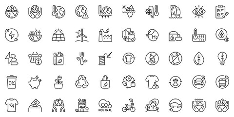 Line icons about ecology as green energy, zero waste, environmental sustainability and climate action. Editable stroke and pixel perfect. - 755582463