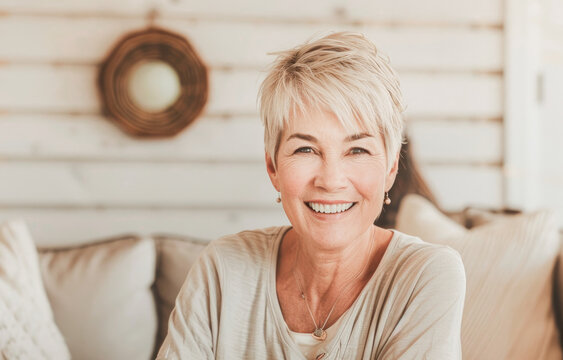 Smiling middle aged mature grey haired woman sitting on her sofa in the living room at home. Senior woman posing on sofa looking at camera. Single mature senior in living room. 