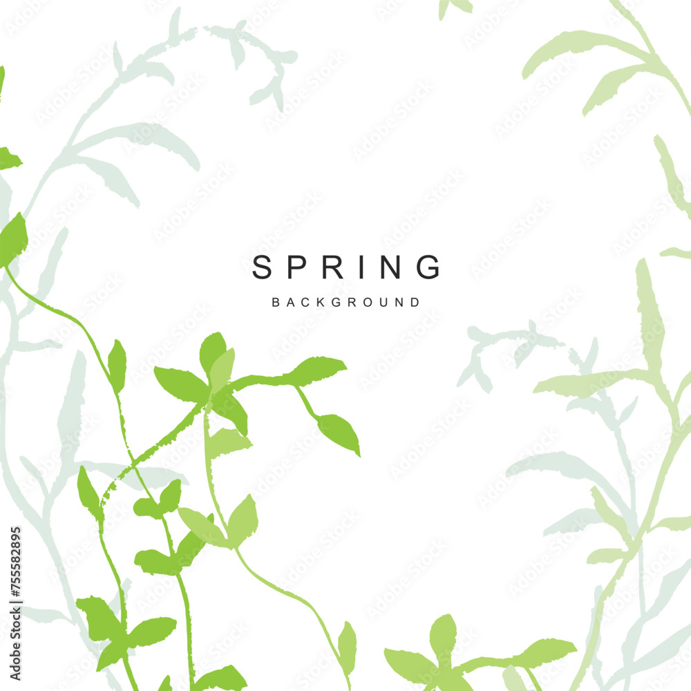 Wall mural spring green square background. minimalistic style with floral elements and texture. vector template