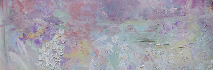 Panorama wallpaper abstract white flowers. Oil paint structure on weathered canvas surface.