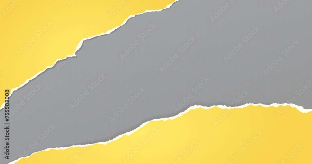 Poster yellow paper with torn edges and soft shadow are on grey squared background for text.