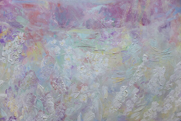 Gentle white blossom background. Palette knife painted flowers texture. Oil paint structure on weathered canvas surface.