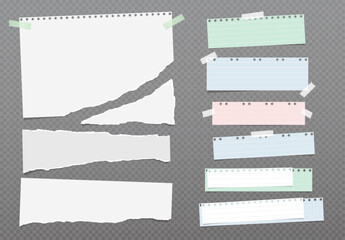 Set of torn white and colorful note paper pieces are on grey background for text or ad. - obrazy, fototapety, plakaty