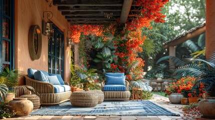 Interior decoration Cozy, stylish terrace luxury villa patio furniture. Stylish terrace blue furniture, sofa, coffee table, flower, mock-up poster, carpet, pillows, plaid, modern home decor. Template - obrazy, fototapety, plakaty