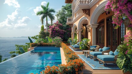 Fototapeta premium Interior decoration Cozy, stylish terrace luxury villa patio furniture. Stylish terrace blue furniture, sofa, coffee table, flower, mock-up poster, carpet, pillows, plaid, modern home decor. Template