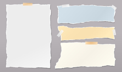 Set of torn white and colorful note paper pieces are on grey background for text or ad.