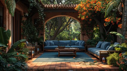 Obraz premium Interior decoration Cozy, stylish terrace luxury villa patio furniture. Stylish terrace blue furniture, sofa, coffee table, flower, mock-up poster, carpet, pillows, plaid, modern home decor. Template