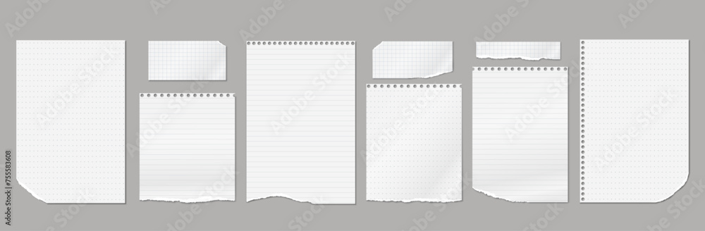 Poster set of torn, ripped paper strips, lined notebook paper with soft shadow are on dark grey background 