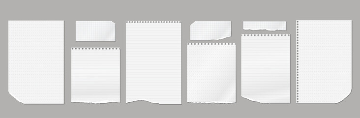 Set of torn, ripped paper strips, lined notebook paper with soft shadow are on dark grey background for text.