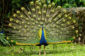 Obraz premium A majestic peacock displaying its colorful feathers in a royal garden