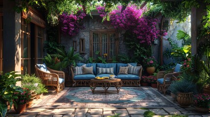 Interior decoration Cozy, stylish terrace luxury villa patio furniture. Stylish terrace blue furniture, sofa, coffee table, flower, mock-up poster, carpet, pillows, plaid, modern home decor. Template