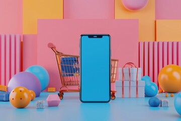 A mobile phone on a 3D rendered background comparing prices of products in different online stores