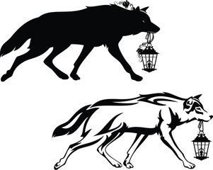 running fairy tale wolf carrying lamp with rose flowers side view outline and silhouette - black and white vector design of fantasy animal showing the way
