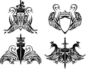 pair of elegant swan birds with bent neck and spread wing, heraldic shield, royal crown and knight sword - medieval style fairy tale coat of arms black and white vector design set