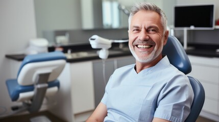 Naklejka na ściany i meble A happy smiling middle-aged man in dental clinic. Dentist, orthodontist, Teeth whitening, Brushing, Braces, Veneers, Caries treatment, pulpitis, periodontitis, Healthcare, Oral hygiene, teeth check-up