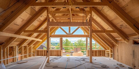Fototapeta premium large attic with a lot of wood and a ladder