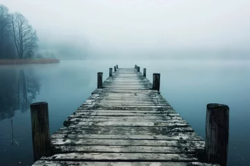 Deurstickers A worn wooden jetty extending into a misty lake © AI Farm