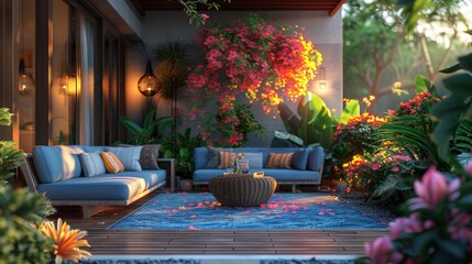 Interior decoration Cozy, stylish terrace luxury villa patio furniture. Stylish terrace blue furniture, sofa, coffee table, flower, mock-up poster, carpet, pillows, plaid, modern home decor. Template