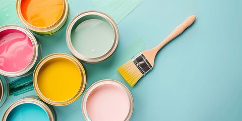 A row of paint cans with a paint brush in the middle - obrazy, fototapety, plakaty