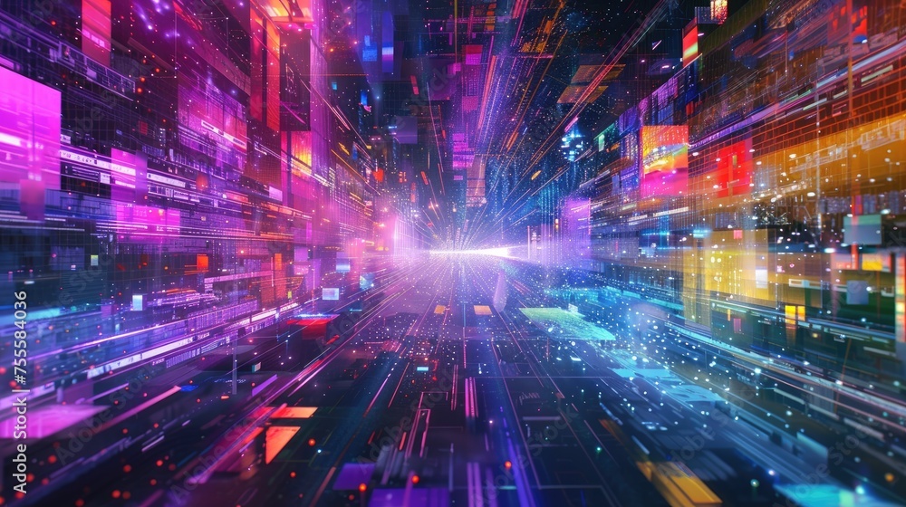 Poster ethereal abstract techscape with floating digital elements, vibrant neon colors blending into a futu