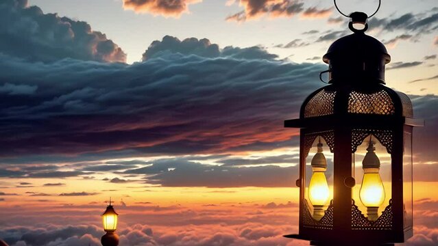 Traditional lamp for Ramadan. Fanus. Fanus lamp against the backdrop of a sunset sky with clouds over the city.  
