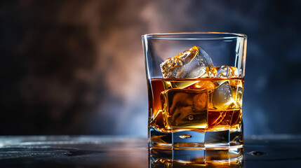 Seductive play of light on a glass of whiskey with ice set against a noir backdrop perfect for connoisseurs.