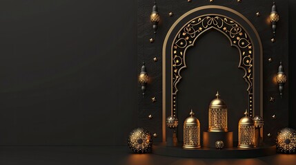 3D Islamic decoration, Iftar, Eid, lanterns, cannonballs, text space and podium with black gold style - generative ai - obrazy, fototapety, plakaty