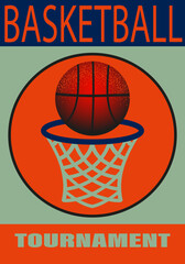 Retro-style basketball tournament poster featuring a dynamic ball and hoop design. Ideal for event promotions and sports marketing.