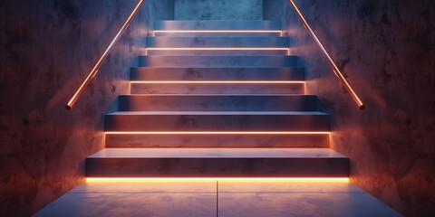 A staircase with orange lights illuminating the steps