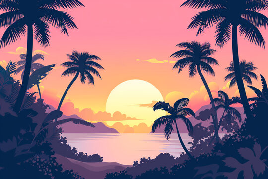 Cartoon flat illustration. Tropical summer beach background. Silhouettes of palm trees against sunset sky