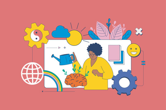 Mental health concept in flat neo brutalism design for web. Woman cares about es brain and emotions, supporting herself for happy. Vector illustration for social media banner, marketing material.