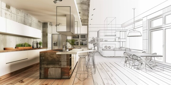 A kitchen and living room are shown side by side