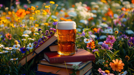 Aesthetic wide angle photograph of a pile of books and a beer pint glass at a field full of blooming colorful flowers. Product photography. Advertising. World book day. - obrazy, fototapety, plakaty