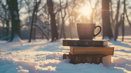 Aesthetic wide angle photograph of a pile of books and a coffee mug on a snowy park in winter. Sunshine. Product photography. Advertising. World book day.