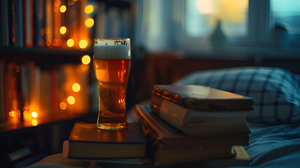 Aesthetic wide angle photograph of a pile of books and a beer pint glass in a bedroom. Moonlight. Dim lights. Product photography. Advertising. World book day.