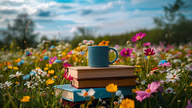 Aesthetic wide angle photograph of a pile of books and a coffee mug at a field full of blooming colorful flowers. Product photography. Advertising. World book day.