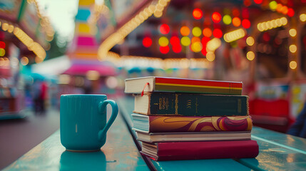 Aesthetic wide angle photograph of a pile of books and a coffee mug at a colorful amusement park. Product photography. Advertising. World book day.
