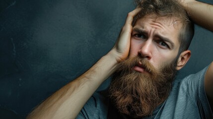 Bearded Young Man Expressing Severe Headache Pain - obrazy, fototapety, plakaty