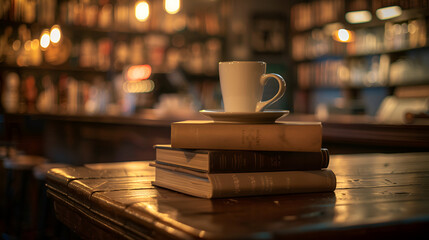Aesthetic wide angle photograph of a pile of books and a coffee mug at a pub. Dim lights. Product photography. Advertising. World book day.