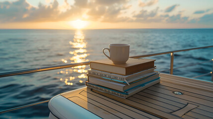 Aesthetic wide angle photograph of a pile of books and a coffee mug on a yacht deck at sea....